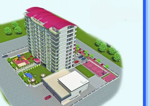Övgü Smart bahçe, otopark ve spor alanlarıyla kuşbakışı çizim